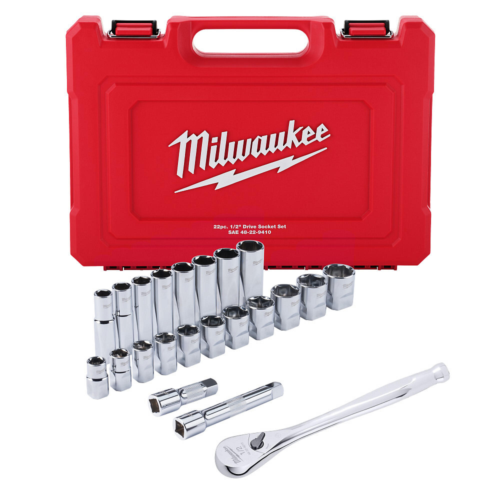 Milwaukee 1/2in. Drive Ratchet and Socket Set, 22-Pc., SAE, Model# 48-22-9410